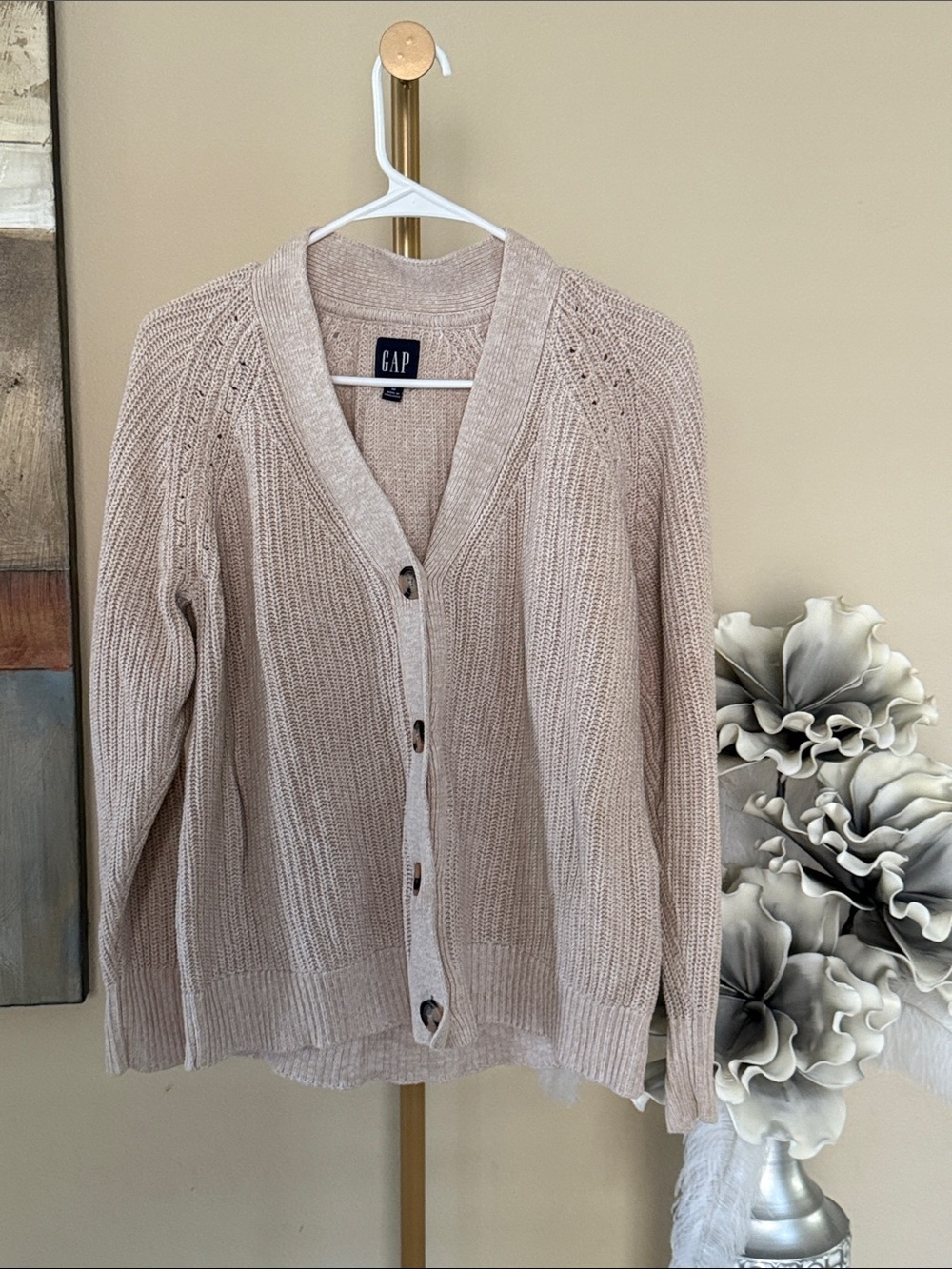 GAP Light Beige Open Knit Button-Up Cardigan